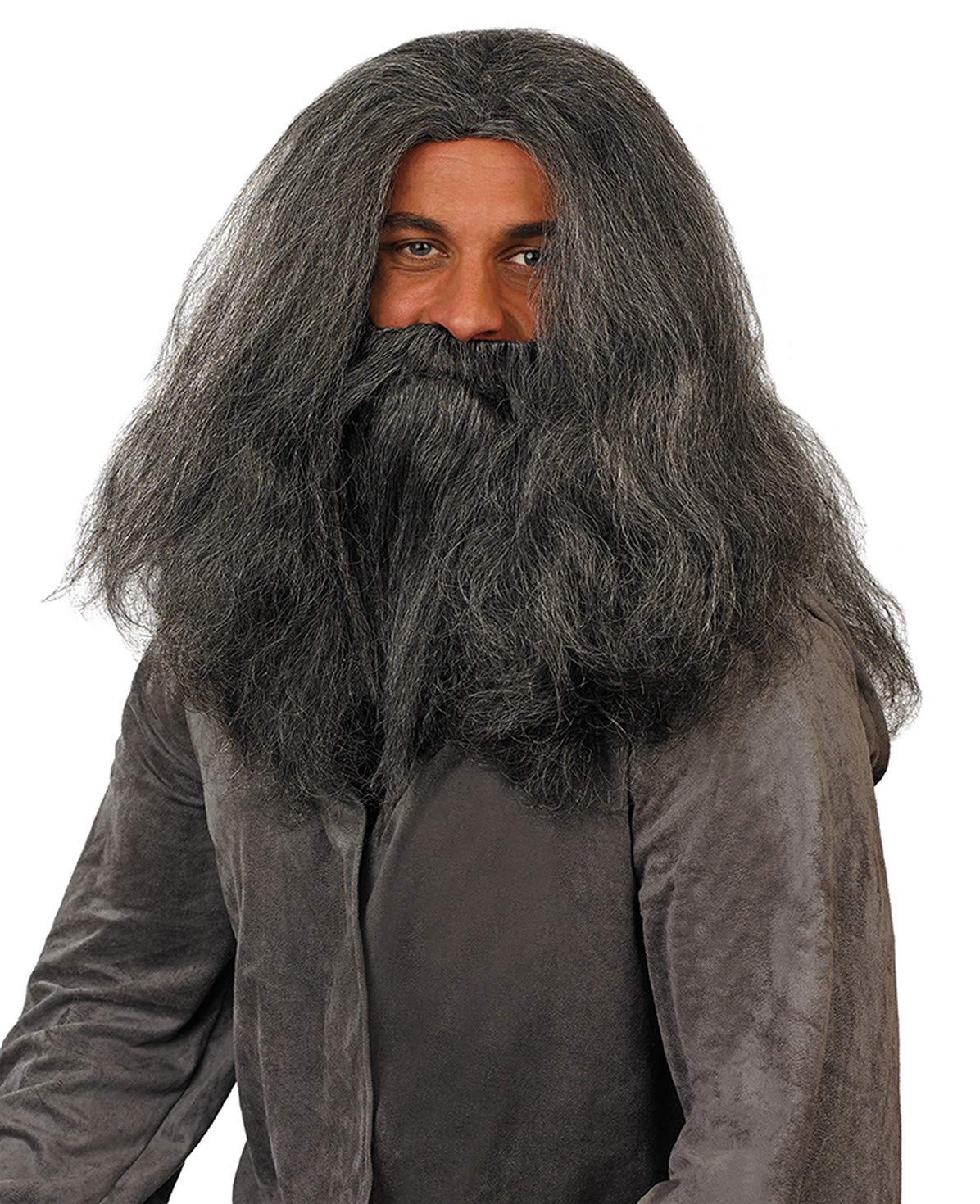 Lange Grijze Tovernaarpruik met Baard