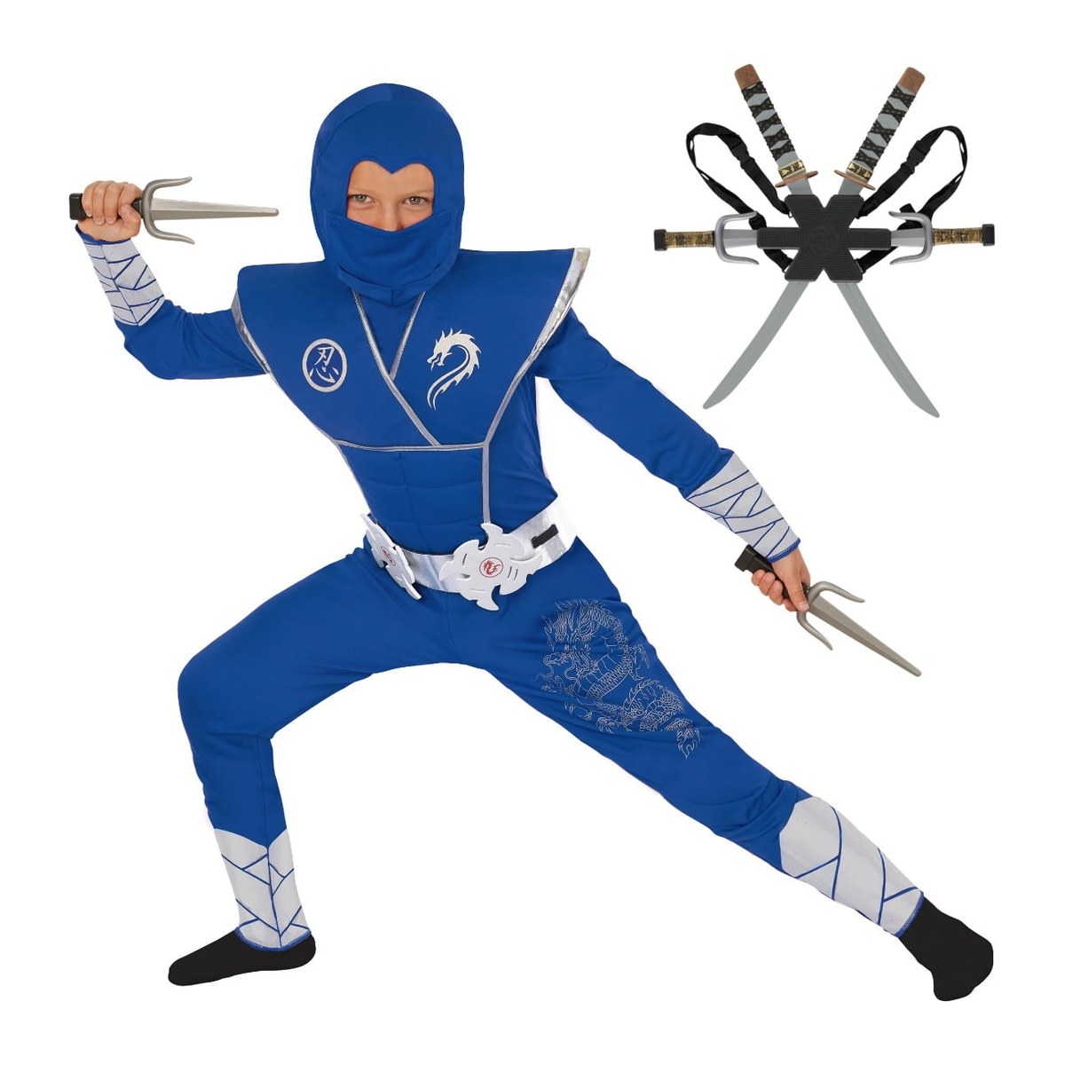 Blauw-zilver ninjakostuum met rugzak voor jongens